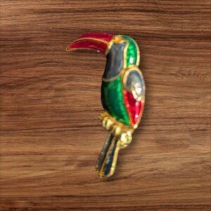Vintage Toucan Pin Brooch Cloisonné Style Red Green Black Goldtone Bird Jewelry